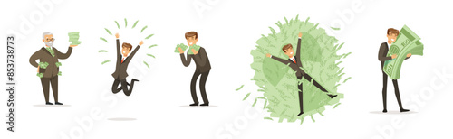Rich Man Character Bathing In His Money Vector Set