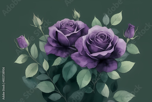 watercolor illustration of purple, pink, magenta, and red flowers with green leaves set against a dark green background. This botanical art concept beautifully captures the vibrant colors.