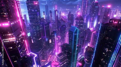 A cityscape with neon lights and buildings in the background