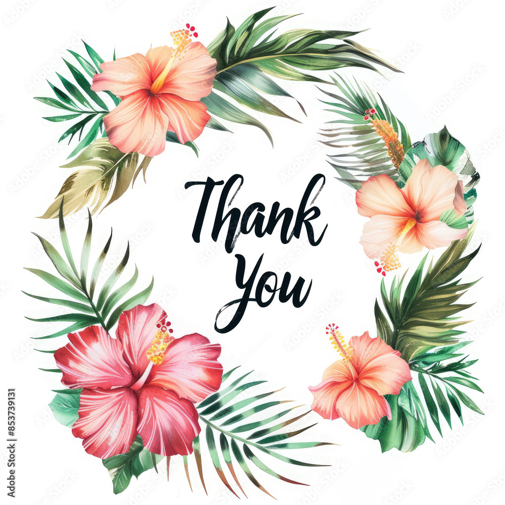 Thank you card in a bouquet of hibiscus flowers, tropical flowers and palm leaves on a white background Thank you card in a bouquet of hibiscus flowers, tropical flowers and palm leaves on a white background