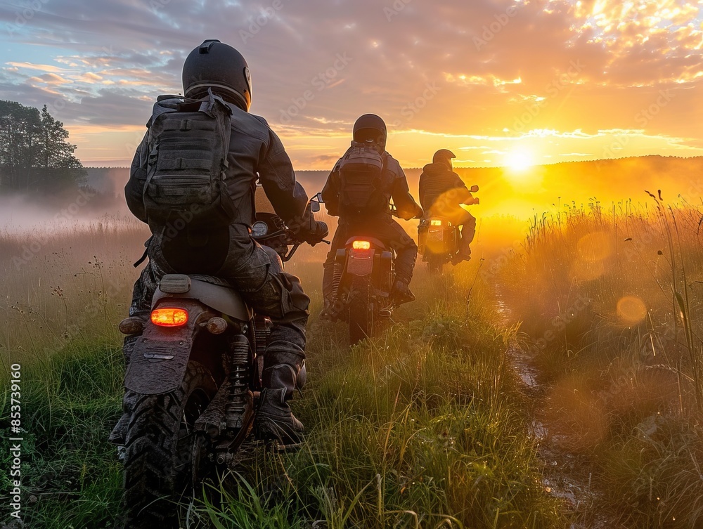 The image captures two adventurous motorcyclists with their bikes, ready to start a new journey as the rising sun offers a warm glow over the horizon, promising an exciting adventure ahead. The image captures two adventurous motorcyclists with their bikes, ready to start a new journey as the rising sun offers a warm glow over the horizon, promising an exciting adventure ahead.