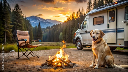 dog at campground with rv truck and campfire photo