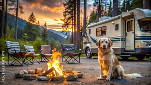 dog at campground with rv truck and campfire