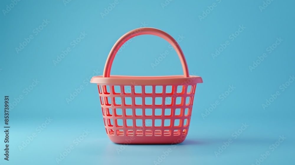 Minimalist photo of an empty plastic basket in red color against a blue background. Great for shopping, storage, or minimalism themes. 3D Illustration. Minimalist photo of an empty plastic basket in red color against a blue background. Great for shopping, storage, or minimalism themes. 3D Illustration.