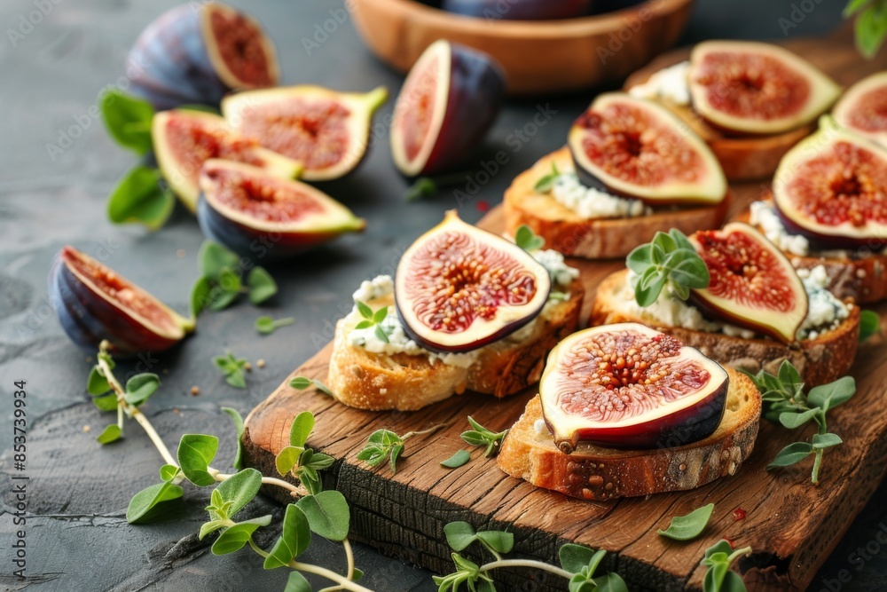 Fresh Fig Bruschetta on Rustic Wooden Board Fresh Fig Bruschetta on Rustic Wooden Board