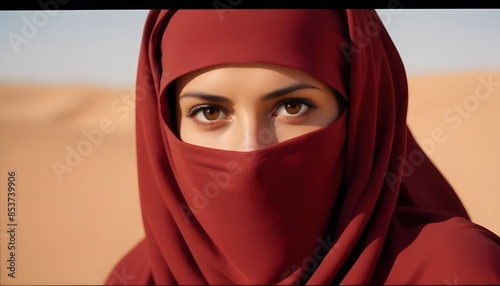 Arabic afghan arabian woman in a traditional red veil burka niqab burqa close up portrait photo