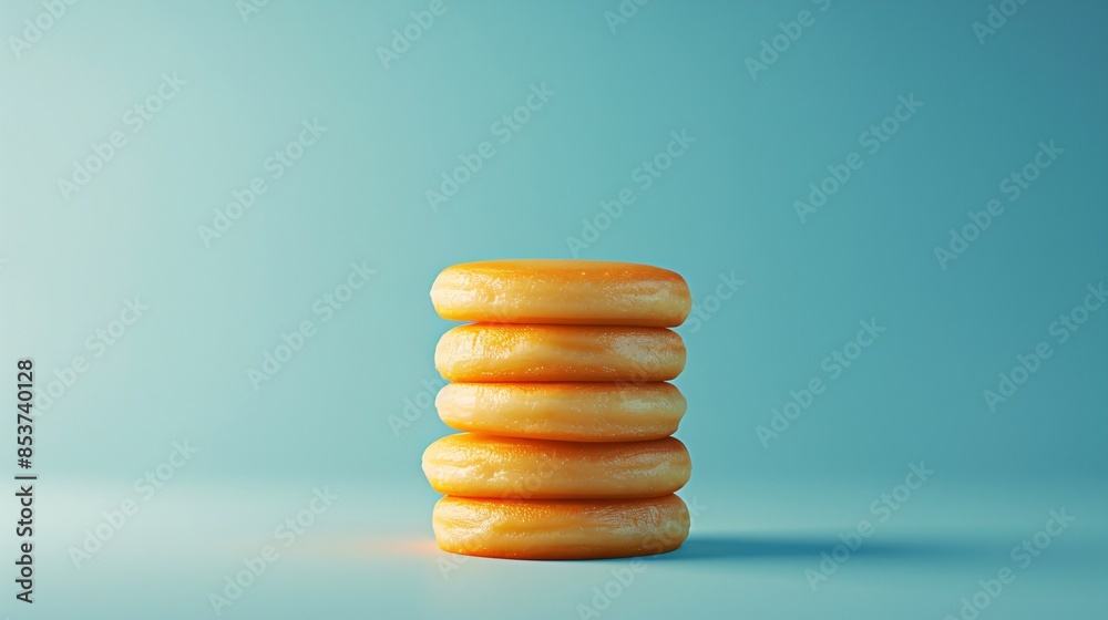 Minimalist stack of golden glazed donuts against a blue background, emphasizing simplicity and deliciousness. 3D Illustration. Minimalist stack of golden glazed donuts against a blue background, emphasizing simplicity and deliciousness. 3D Illustration.