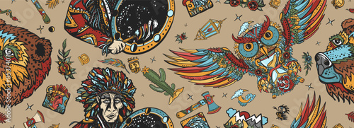 Native American Indian old school tattoo style. Seamless pattern Ethnic warrior shaman, dream catcher, bear and owl