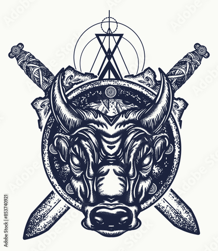 Esoteric bull and crossed swords and spartan shield. Ancient Rome and ancient Greece art. Symbol of bravery, fight, hero, power, army. T-shirt design concept