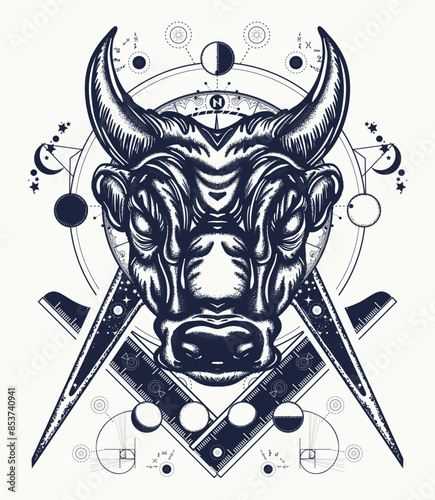 Esoteric bull. Alchemy, medieval religion, occultism, spirituality art. Masonic symbol of power, tattoo and t-shirt design