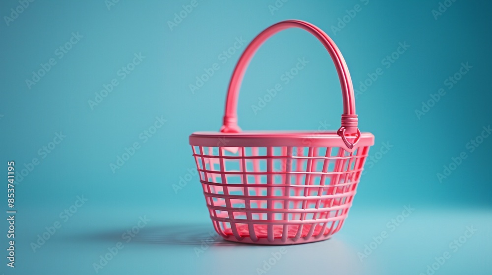 Pink plastic basket with handle on blue background. Perfect for shopping, organizing, and storage needs. 3D Illustration. Pink plastic basket with handle on blue background. Perfect for shopping, organizing, and storage needs. 3D Illustration.