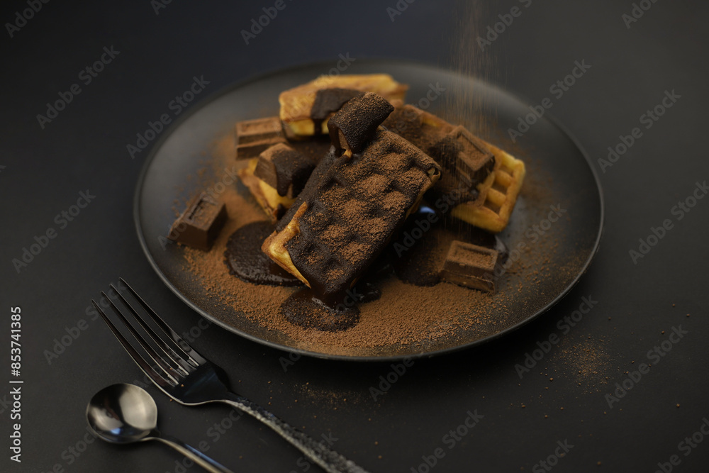 World Chocolate Day. pieces of chocolate and waffles sprinkled with cocoa powder on a black plate and dark background. World Chocolate Day. pieces of chocolate and waffles sprinkled with cocoa powder on a black plate and dark background.