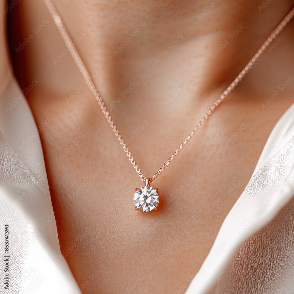 Captivating diamond necklace with a gleaming pendant in eroded platinum layers reflecting soft lime hues minimalist style model's elegant hand holding the necklace white background natural light