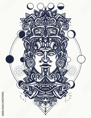 Esoteric Mayan totem and universe. Sacred geometry tattoo and t-shirt design. Mexican god