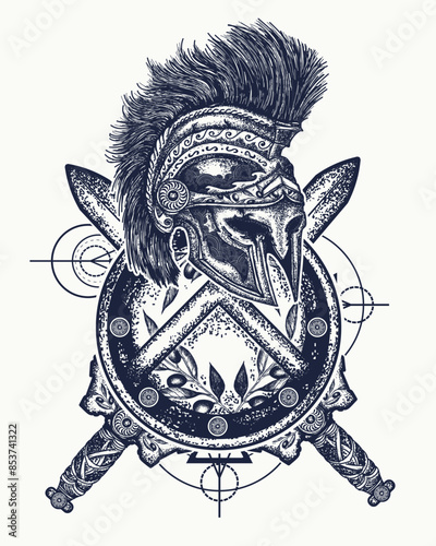 Spartan helmet crossed swords and spartan shield. Ancient Rome and ancient Greece. Symbol of bravery, fight, hero, army