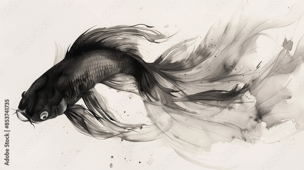 Fototapeta premium Crown tail fighting fish rendered in a Japanese ink wash style, with flowing