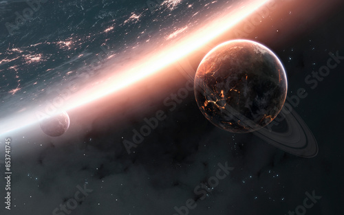 Obraz na płótnie 3D illustration of planets in deep space. High quality digital space art in 5K - realistic visualization w salonie
