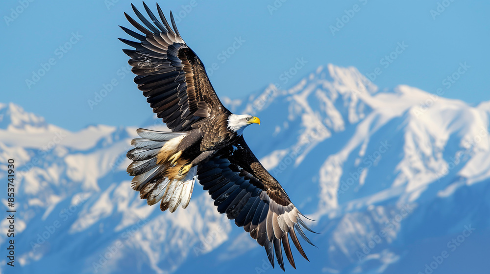 Obraz premium Majestic eagle soaring over a snow-capped mountain range under a clear blue sky