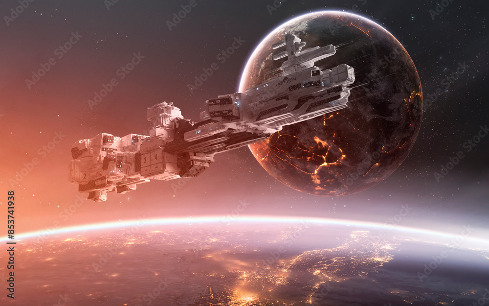 3D illustration of cosmic scene with spaceship. High quality digital space art in 5K - realistic visualization