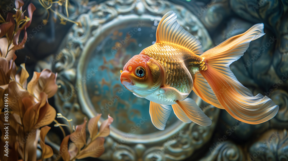 Oranda goldfish in a Victorian-style aquarium, surrounded by ornate ...