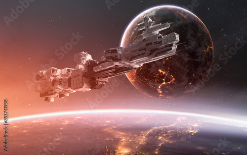 Obraz na płótnie 3D illustration of cosmic scene with spaceship. High quality digital space art in 5K - realistic visualization w salonie