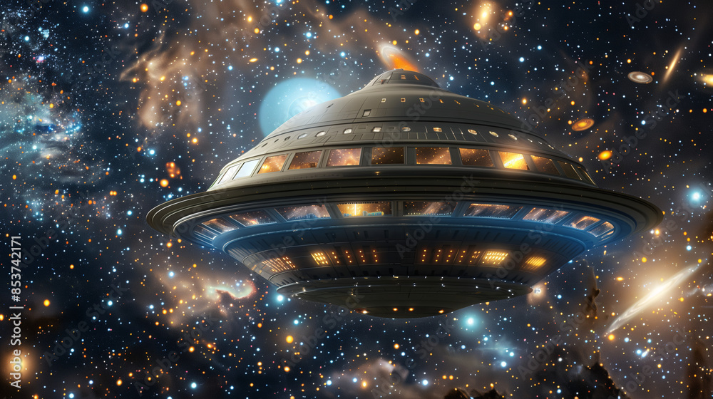 A celestial home floating in space, with panoramic windows showing distant stars and galaxies A celestial home floating in space, with panoramic windows showing distant stars and galaxies