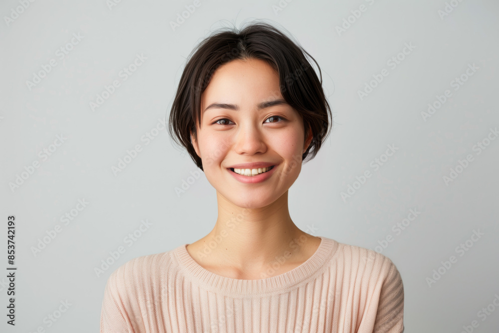 Cheerful Young Japanese Woman with Short Hair Smiling Cheerful Young Japanese Woman with Short Hair Smiling