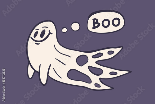 Cute ghost cartoon with speech bubble Boo. Vector hand drawn illustration.