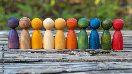 Wooden and colored figures representing diversity and inclusion, background with copy and text space, 16:9