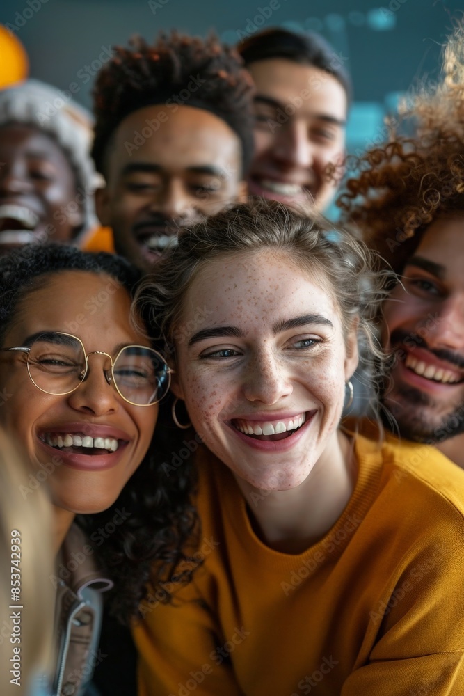 Diverse Group of Friends Smiling and Laughing Together in a Close-Up Shot Diverse Group of Friends Smiling and Laughing Together in a Close-Up Shot