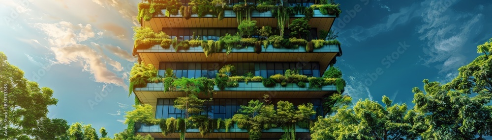 Fototapeta premium A tall building with a lot of greenery on it. The building is surrounded by trees and has a lot of plants growing on it. The sky is blue and there are some clouds in the background