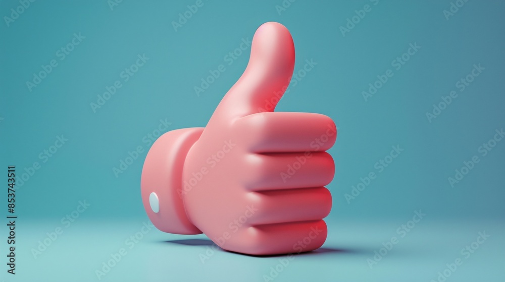 3D rendering of a pink thumbs up hand symbol with a blue background, representing approval, success, or positivity. 3D rendering of a pink thumbs up hand symbol with a blue background, representing approval, success, or positivity.