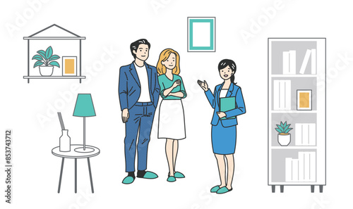 部屋や保険を案内する女性とカップル