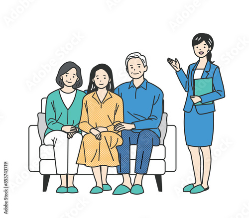 ソファに座る若い女性とシニア夫婦と部屋や保険を案内する女性