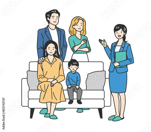 ソファに座る2世代家族と部屋や保険を案内する女性
