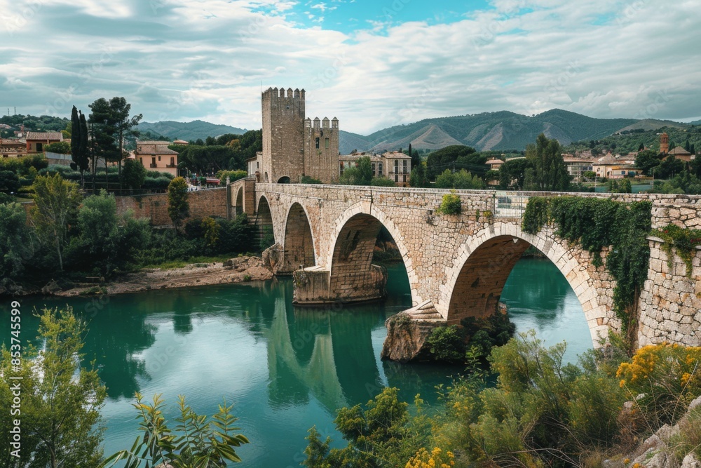 Fototapeta premium Medieval Stone Bridge Over Serene River in Picturesque Landscape