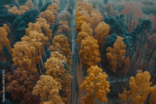 Aerial view of a picturesque autumn forest with vibrant orange and yellow foliage along a serene road, creating a scenic and tranquil landscape.