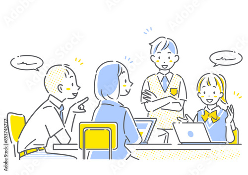 グループワークに取り組む高校生　シンプルでお洒落な線画イラスト　
