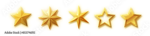 Five stars gold icon. Stars rating review icon. Vector stars set of realistic metallic golden stars isolated on black background. Symbol wye of leadership. Vector illustration