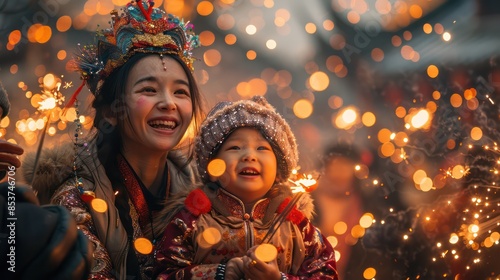 Families celebrating Lunar New Year with fireworks, China. photo