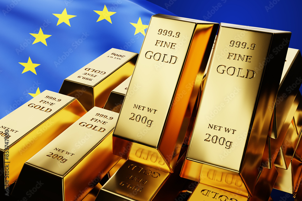 Gold bars. European union flag. Golden reserve of EU countries. Gold produced in European union. Precious metal in small ingots. European gold reserves. Investments in precious metal. 3d image Gold bars. European union flag. Golden reserve of EU countries. Gold produced in European union. Precious metal in small ingots. European gold reserves. Investments in precious metal. 3d image
