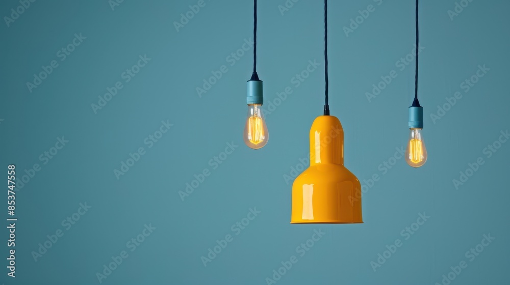 Obraz premium artistic vibrant yellow lamps bulbs and decorative lights minimalist style and grey creative silhouette minimalist pose clean white background in clean studio lighting product photography 32k