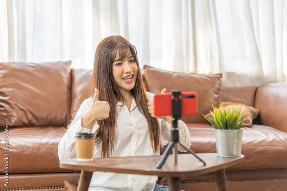 Portrait of smiling beauty asian woman posing look at camera making live selfie, content, vlogger, blogger, live video streaming, broadcast, podcast, online influencer and creator on smartphone Portrait of smiling beauty asian woman posing look at camera making live selfie, content, vlogger, blogger, live video streaming, broadcast, podcast, online influencer and creator on smartphone