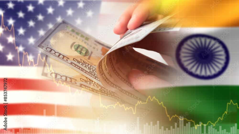 Fototapeta premium Economic relations USA and India. Decline in trade between two states. Money is in people hands. Financial graph is metaphor for stopping business relationships. USA flag. Trade with India.