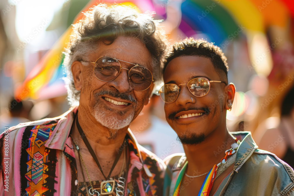 Joyful Seniors at Sunset Pride Celebration.Two smiling men in vibrant attire and glasses enjoy the lively atmosphere of a colorful daytime street festival Joyful Seniors at Sunset Pride Celebration.Two smiling men in vibrant attire and glasses enjoy the lively atmosphere of a colorful daytime street festival