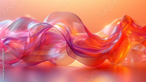 3d render abstract background. Transparent glossy glass ribbon. Curved wave in motion. 