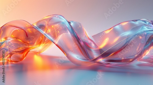 3d render abstract background. Transparent glossy glass ribbon. Curved wave in motion. 