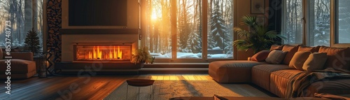 Cozy Modern Living Room with Fireplace and Large Windows Overlooking a Snowy Forest at Sunset