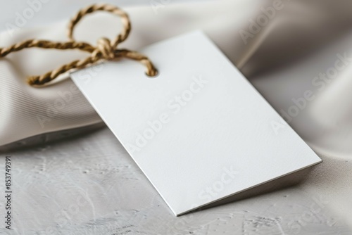 Blank White Tag with Rope on Fabric