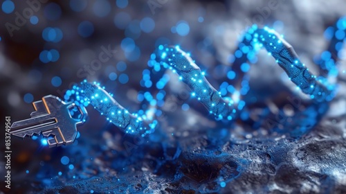 a futuristic blue metallic key on a DNA-shaped keychain, blue light, minimalist style, white backdround,
